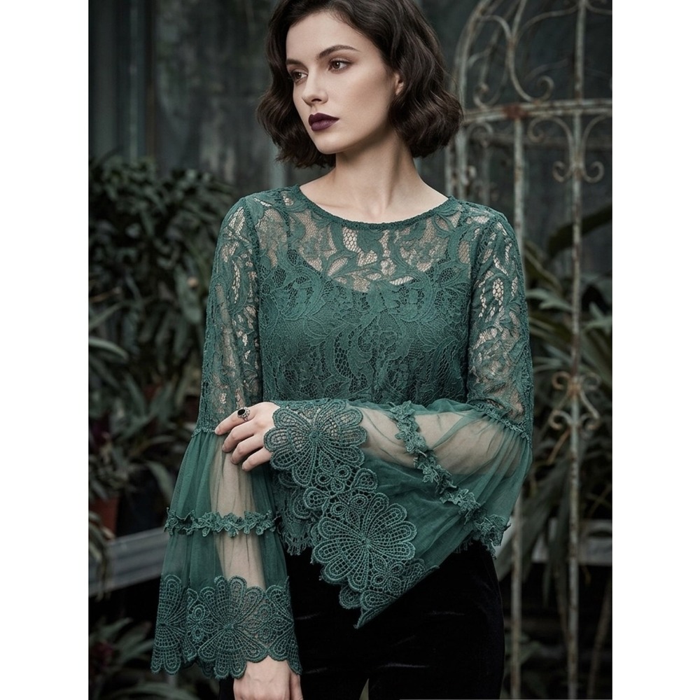 Say What? Dark Green Gothic Victorian Lace Ruffle Sleeve Blouse size L